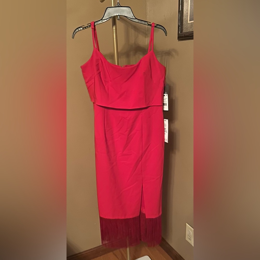 Adrianna Papell Red Fringe-Hem Spaghetti Strap Midi Dress